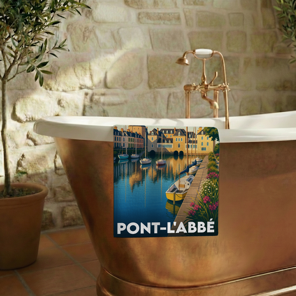 Serviette de bain souvenir de la ville de Pont-l'Abbé avec une illustration stylisée du port.