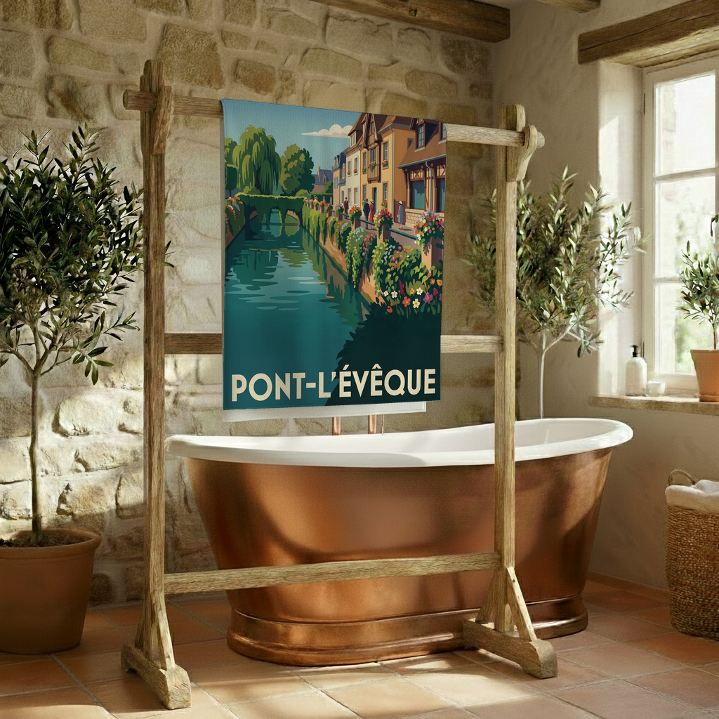 Serviette de bain souvenir de la ville de Pont-l'Évêque avec une illustration stylisée.