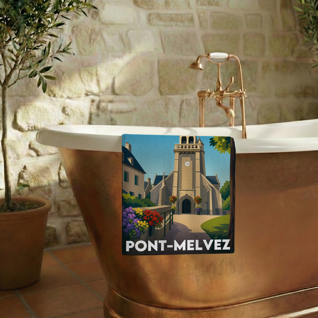 Serviette de bain souvenir de la ville de Pont-Melvez avec une illustration stylisée.