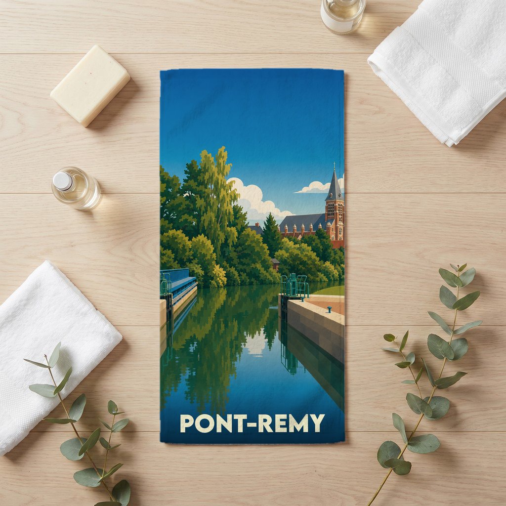 Serviette de bain souvenir de la ville de Pont-Remy avec une illustration stylisée.