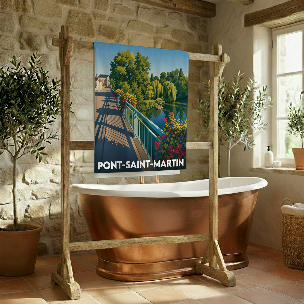 Serviette de bain souvenir de la ville de Pont-Saint-Martin avec une illustration stylisée.