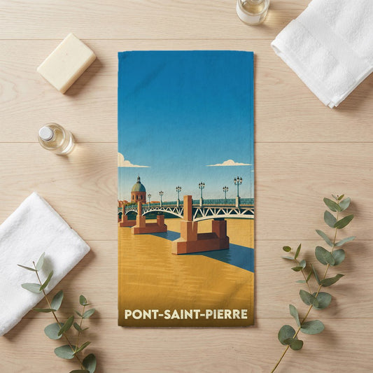 Serviette de bain souvenir de Pont-Saint-Pierre illustrant son pont emblématique dans un style rétro.