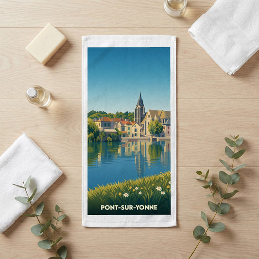 Serviette souvenir de la ville de Pont-sur-Yonne avec une illustration stylisée.