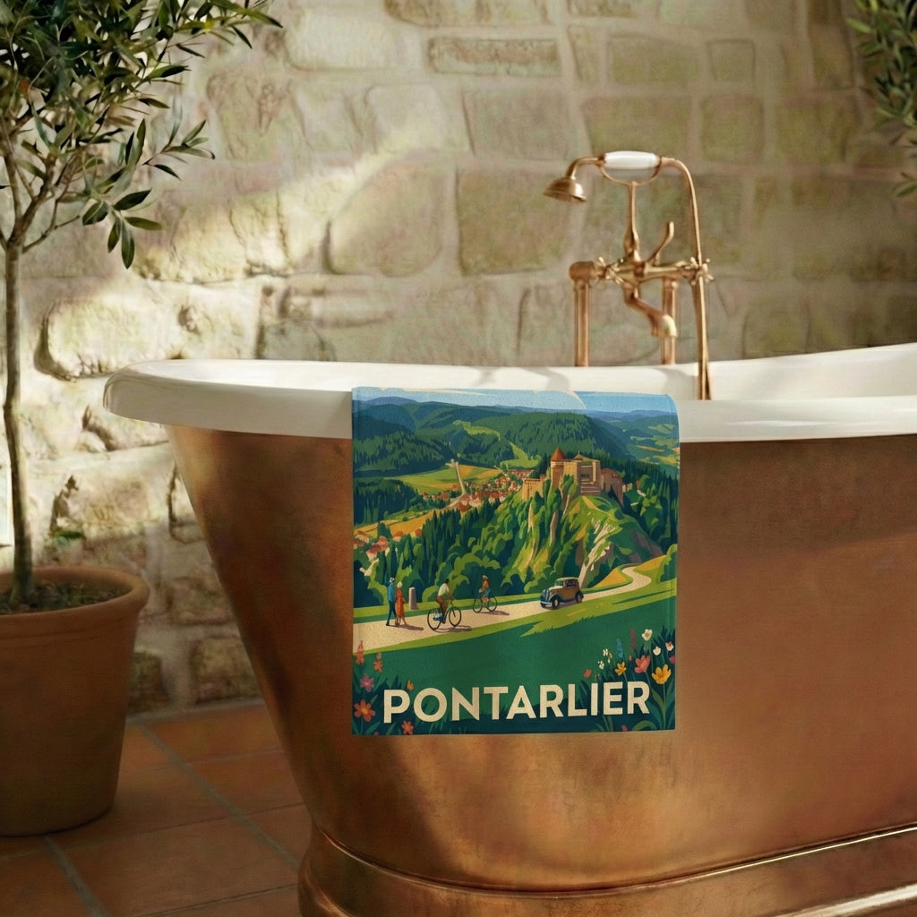 Serviette de bain souvenir de la ville de Pontarlier avec une illustration vintage de paysage montagneux.