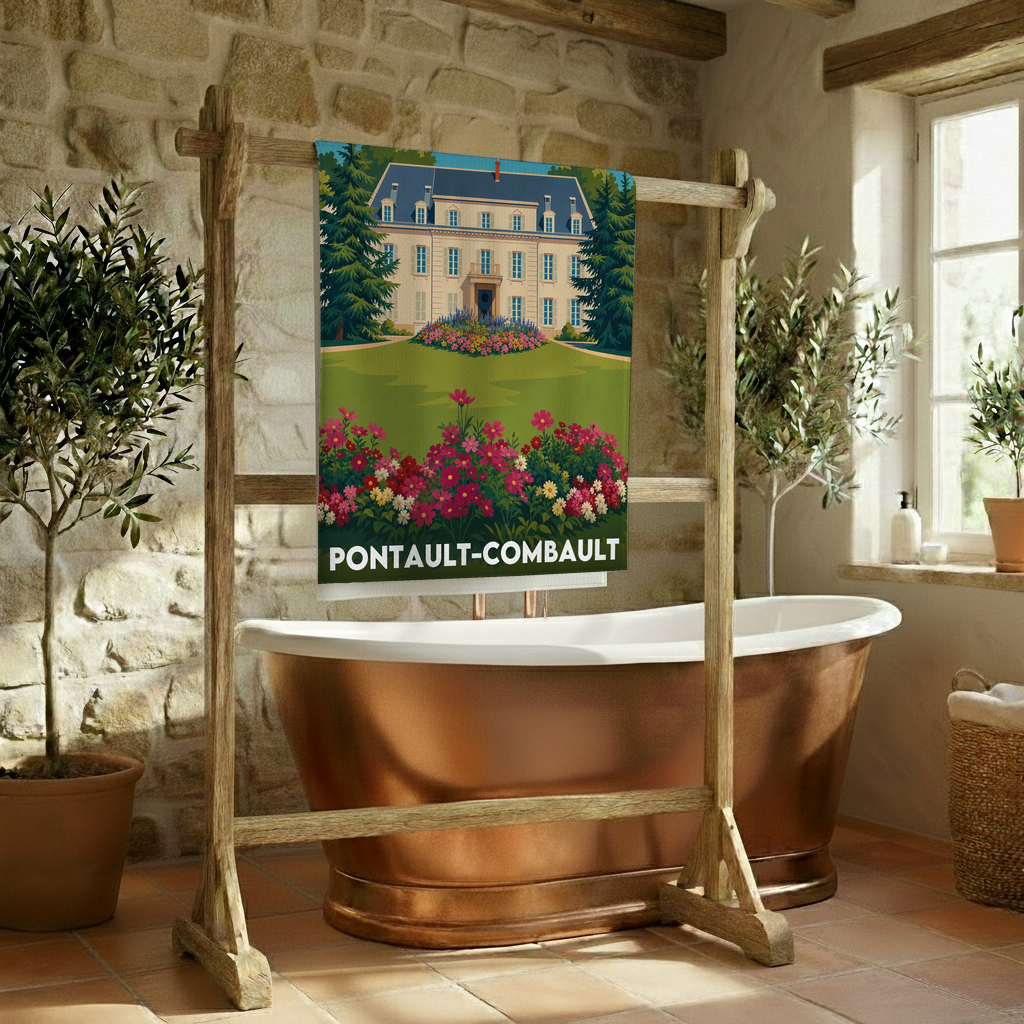 Serviette de bain souvenir de la ville de Pontault-Combault avec une illustration stylisée.