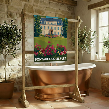 Serviette de bain souvenir de la ville de Pontault-Combault avec une illustration stylisée.