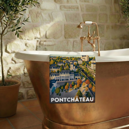 Serviette de bain souvenir de la ville de Pontchâteau avec une illustration stylisée.