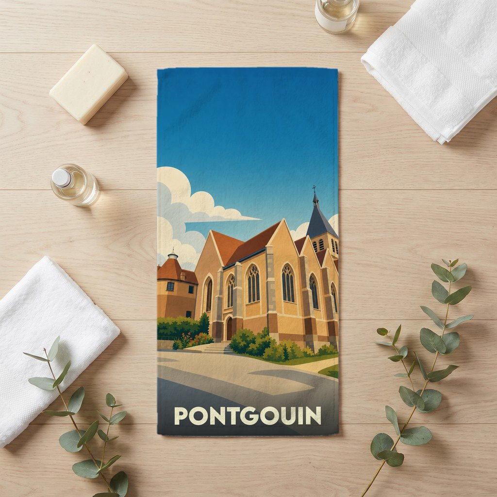 Serviette de bain souvenir de la ville de Pontgouin avec une illustration stylisée d'une église.