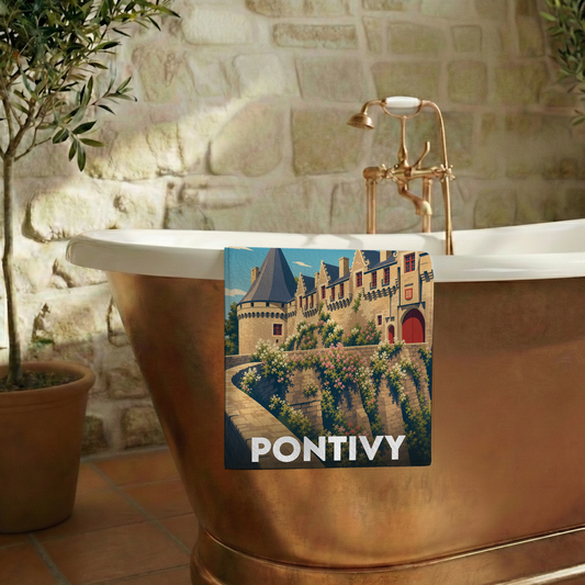 Serviette de bain souvenir de la ville de Pontivy avec une illustration stylisée de son château.