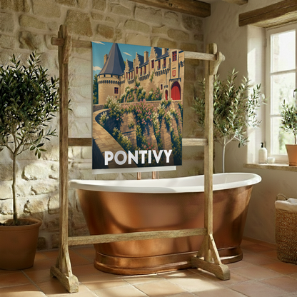 Serviette de bain souvenir de la ville de Pontivy avec une illustration stylisée du château.