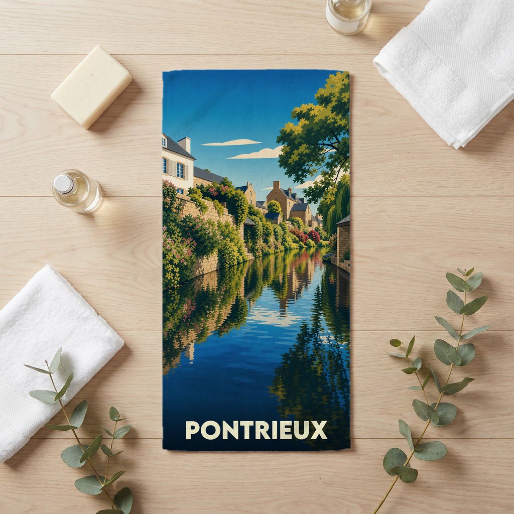 Serviette de bain souvenir de Pontrieux illustrant les maisons bordant la rivière avec un style vintage.