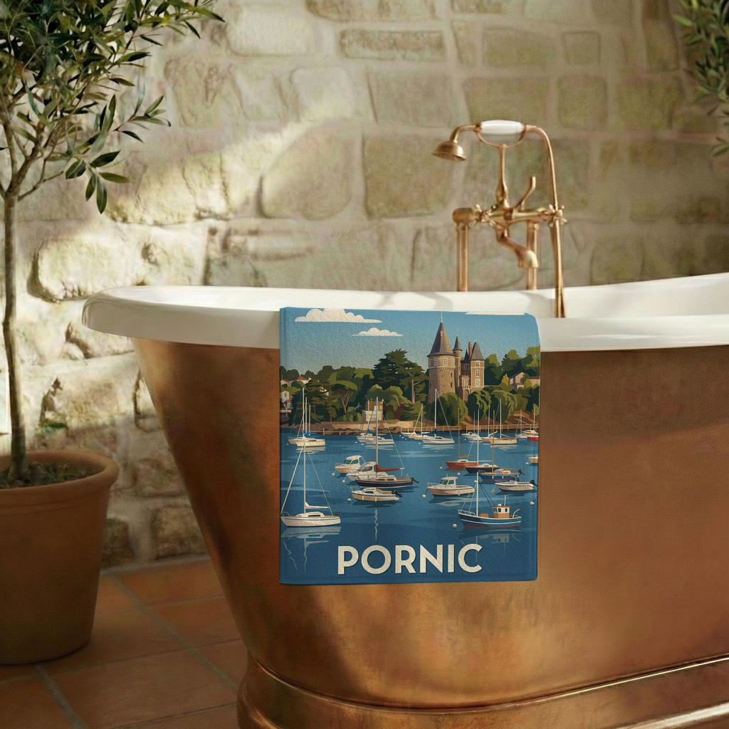 Serviette de bain souvenir de la ville de Pornic avec une illustration stylisée de son port et de son château.