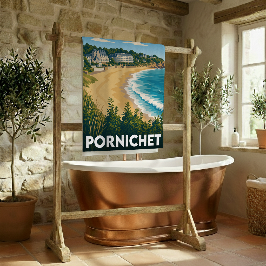 Serviette de bain souvenir de la ville de Pornichet avec une illustration stylisée de sa plage et de son front de mer.