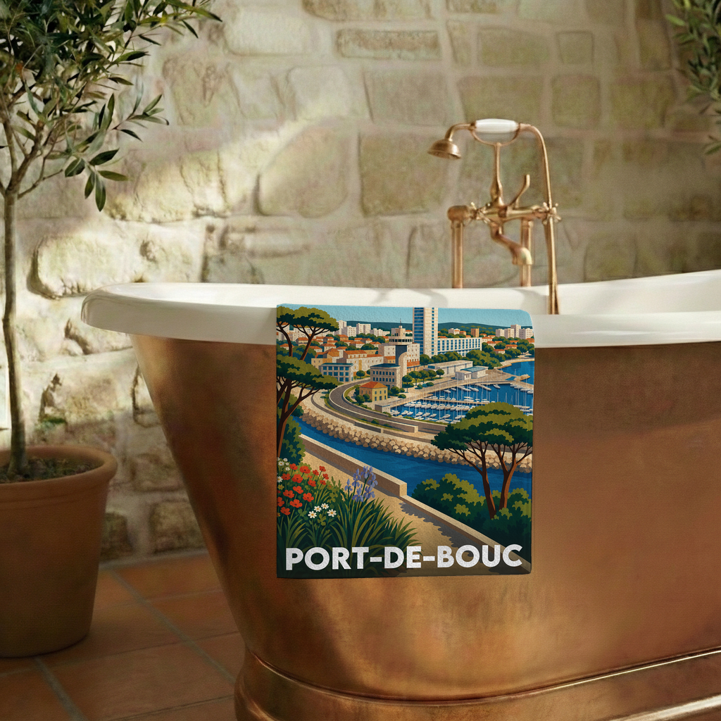 Serviette de bain souvenir de la ville de Port-de-Bouc avec une illustration stylisée.