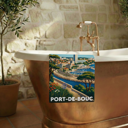 Serviette de bain souvenir de la ville de Port-de-Bouc avec une illustration stylisée.