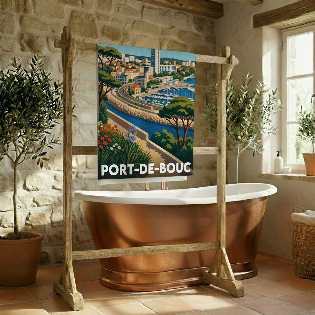 Serviette de bain souvenir de la ville de Port-de-Bouc avec une illustration stylisée.