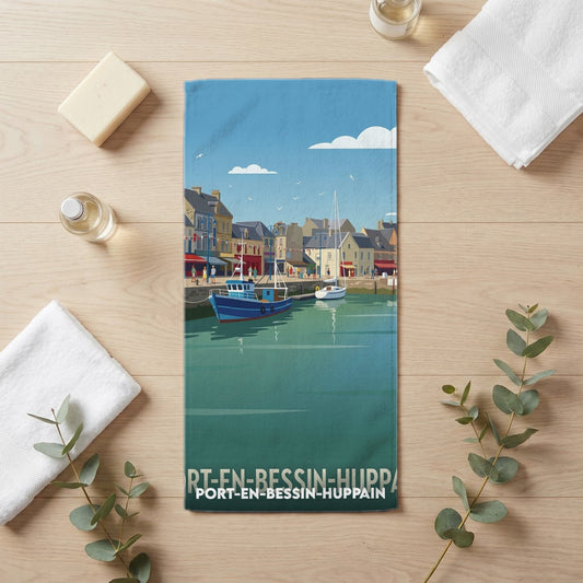 Serviette de bain 30 cm x 60 cm souvenir de Port-en-Bessin-Huppain
