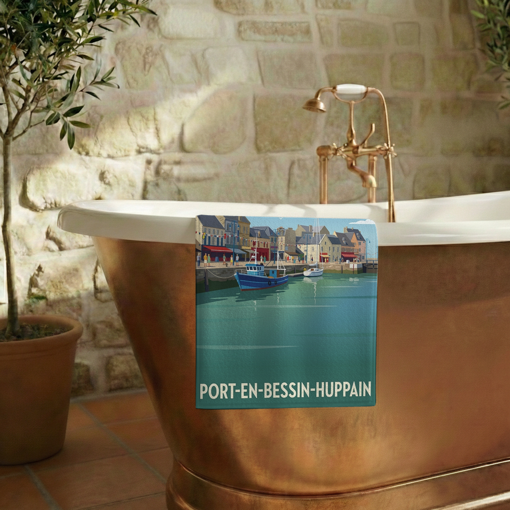 Serviette de bain souvenir de la ville de Port-en-Bessin-Huppain avec une illustration stylisée.