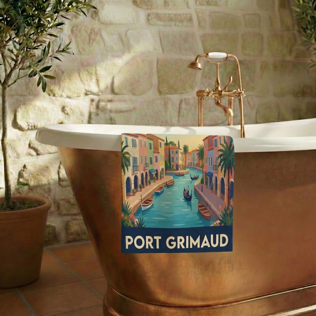 Serviette de bain souvenir de la ville de Port Grimaud avec une illustration stylisée de ses canaux.