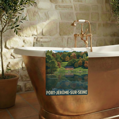 Serviette de bain souvenir de la ville de Port-Jérôme-sur-Seine avec une illustration stylisée.