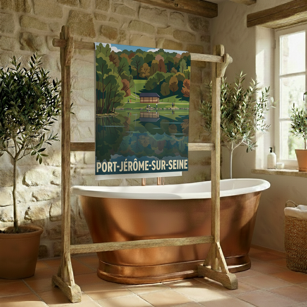 Serviette de bain souvenir de la ville de Port-Jérôme-sur-Seine avec une illustration stylisée d'un paysage au bord de l'eau.