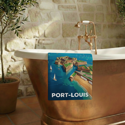 Serviette de bain souvenir de la ville de Port-Louis avec une illustration stylisée.