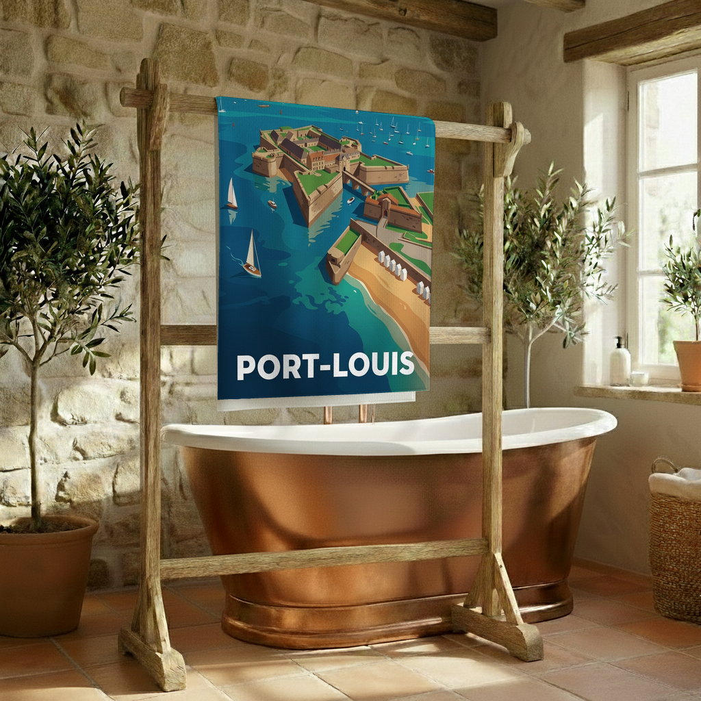 Serviette de bain souvenir de la ville de Port-Louis avec une illustration stylisée.