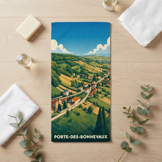 Serviette de bain souvenir de la ville de Porte-des-Bonnevaux avec une illustration paysagère stylisée.