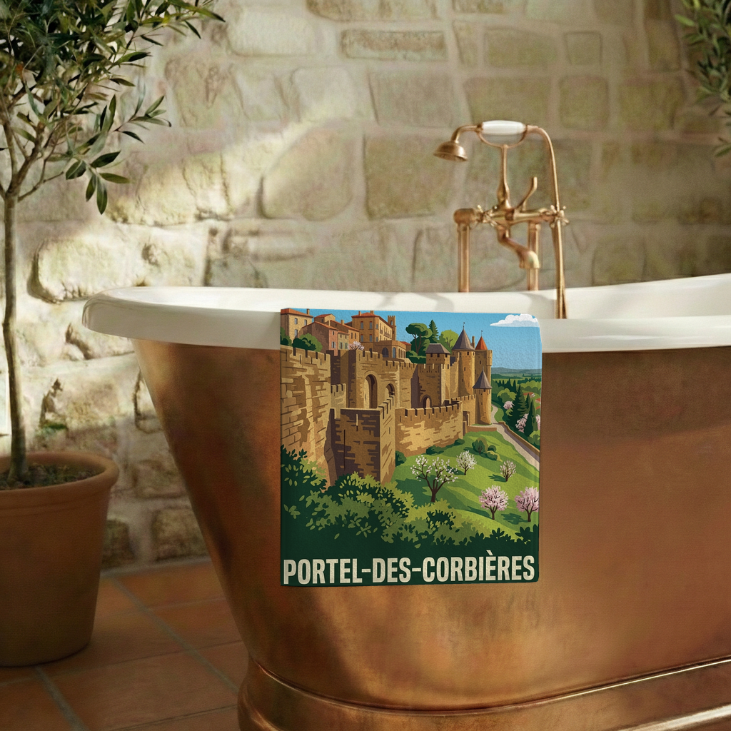 Serviette de bain souvenir de la ville de Portel-des-Corbières avec une illustration stylisée.