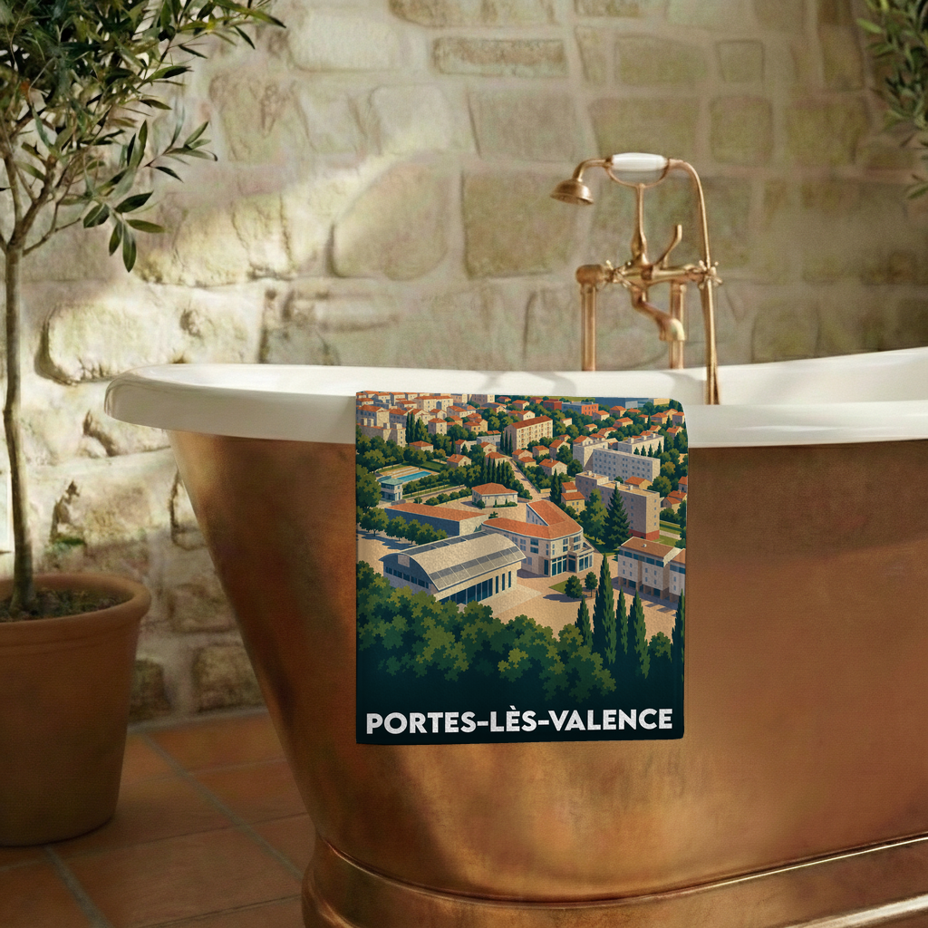 Serviette de bain souvenir de la ville de Portes-lès-Valence avec une illustration stylisée.
