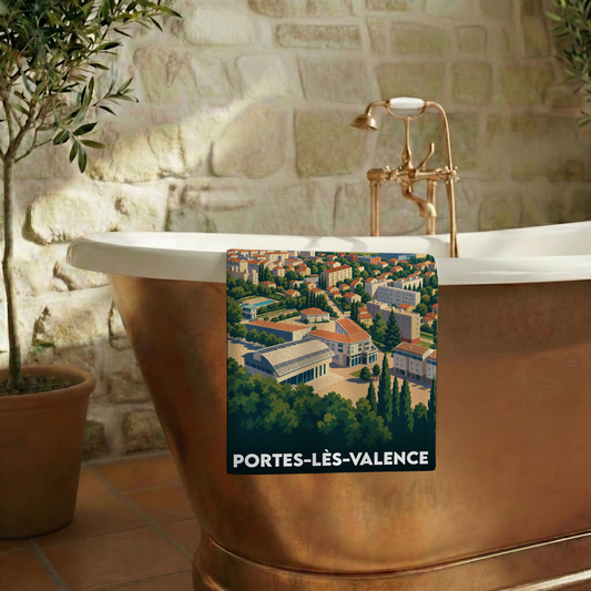 Serviette de bain souvenir de la ville de Portes-lès-Valence avec une illustration stylisée.
