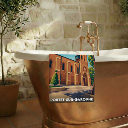 Serviette de bain souvenir de la ville de Portet-sur-Garonne avec une illustration stylisée.