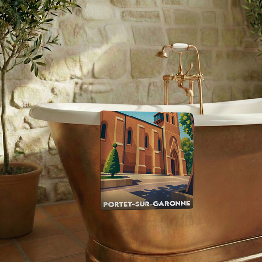 Serviette de bain souvenir de la ville de Portet-sur-Garonne avec une illustration stylisée.