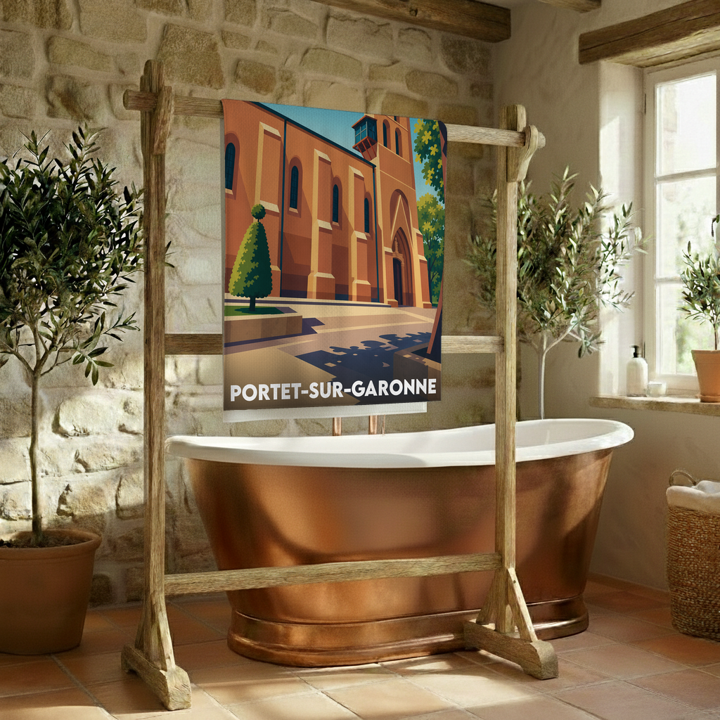 Serviette de bain souvenir de Portet-sur-Garonne avec une illustration stylisée de son église.