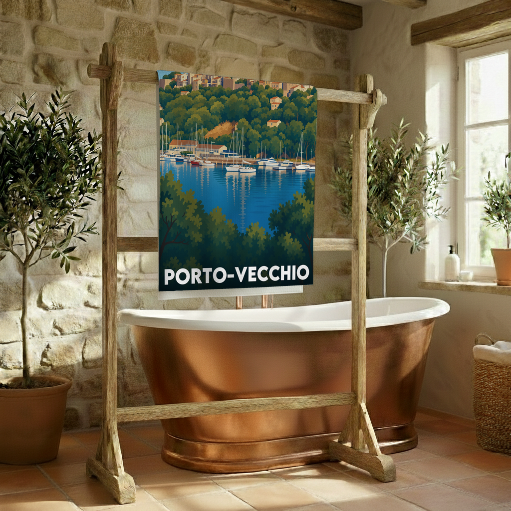 Serviette de bain souvenir de la ville de Porto-Vecchio avec une illustration stylisée.
