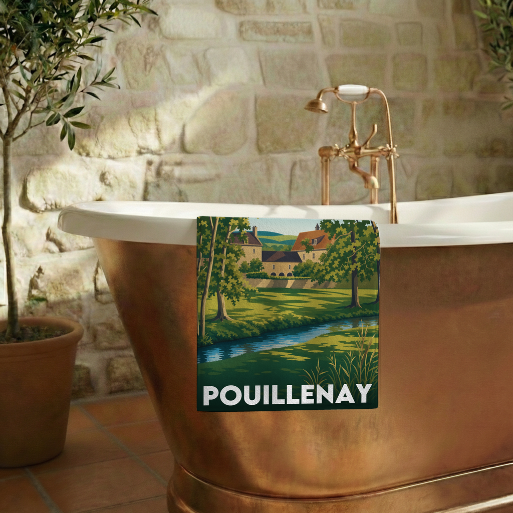 Serviette de bain souvenir de la ville de Pouillenay avec une illustration stylisée d'un paysage rural.