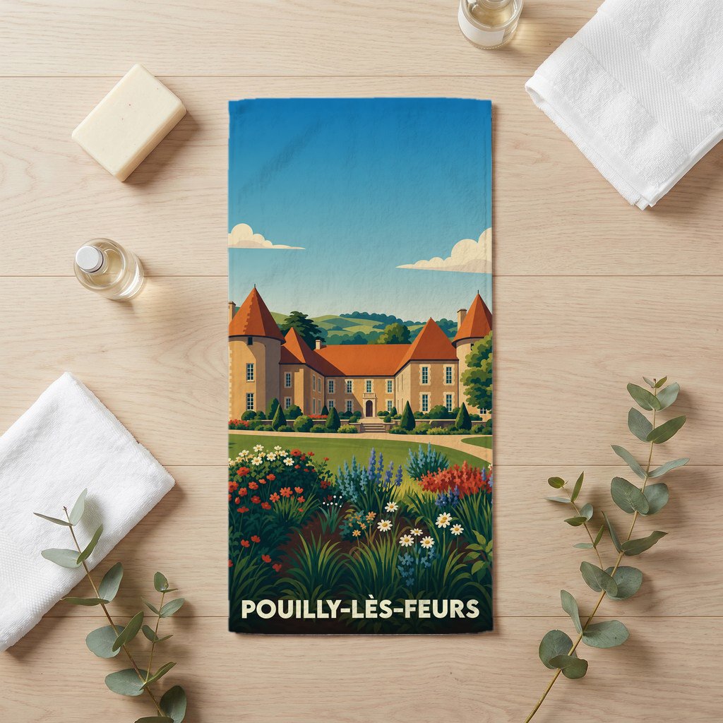 Serviette de bain souvenir de Pouilly-lès-Feurs avec une illustration stylisée du château local et de son jardin fleuri.