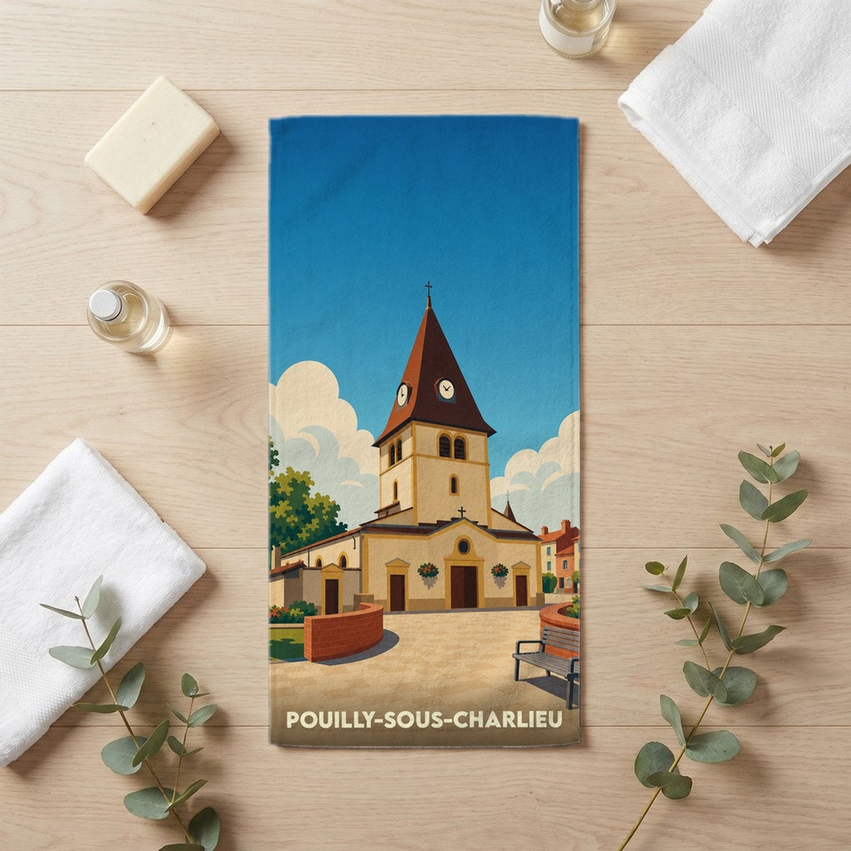 Serviette de bain 30 cm x 60 cm souvenir de Pouilly-sous-Charlieu