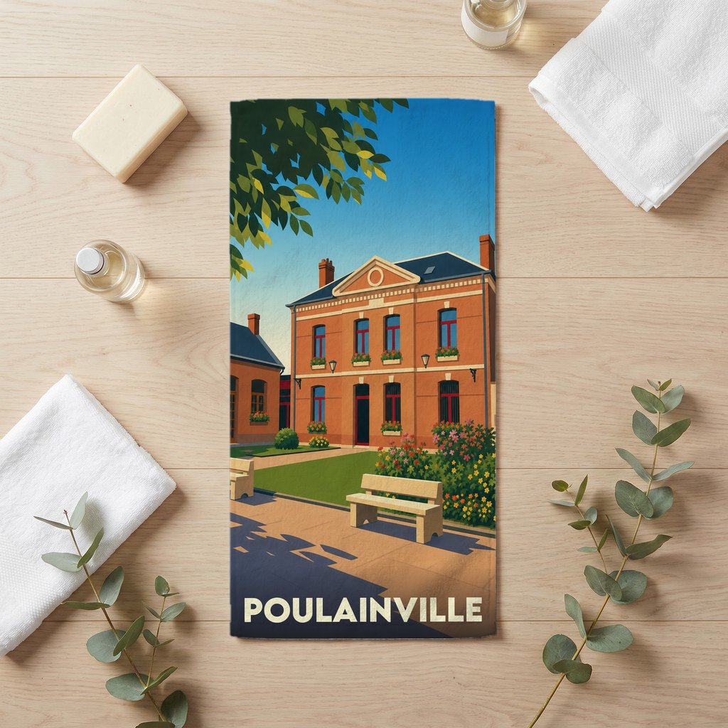 Serviette de bain souvenir de la ville de Poulainville avec une illustration stylisée.