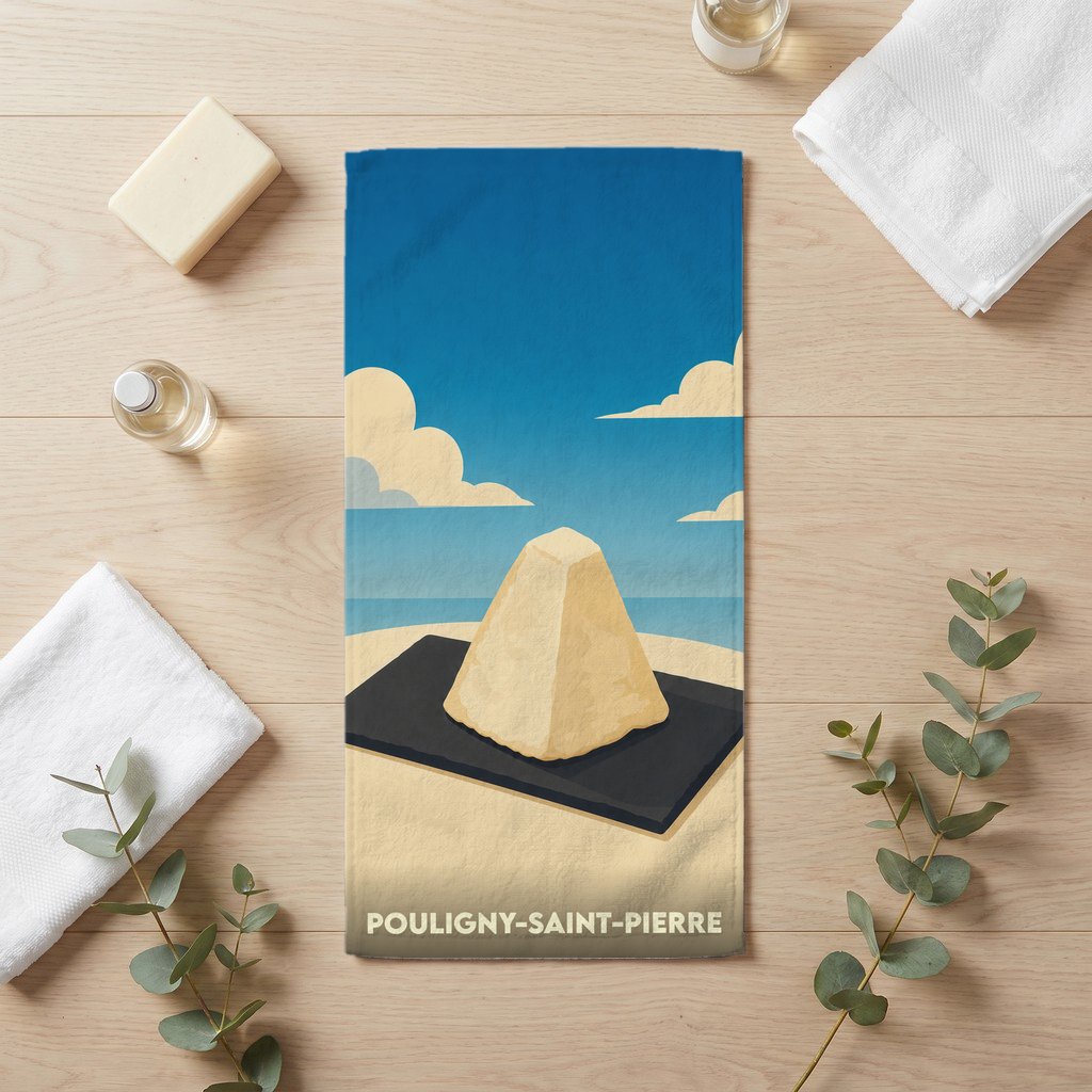 Serviette de bain souvenir de Pouligny-Saint-Pierre illustrée d'un fromage en forme de pyramide.