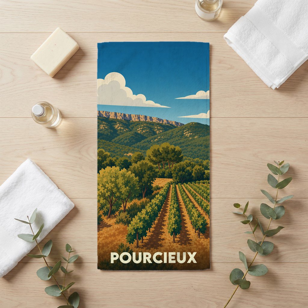 Serviette de bain souvenir de la ville de Pourcieux illustrée d'un paysage de vignoble provençal.