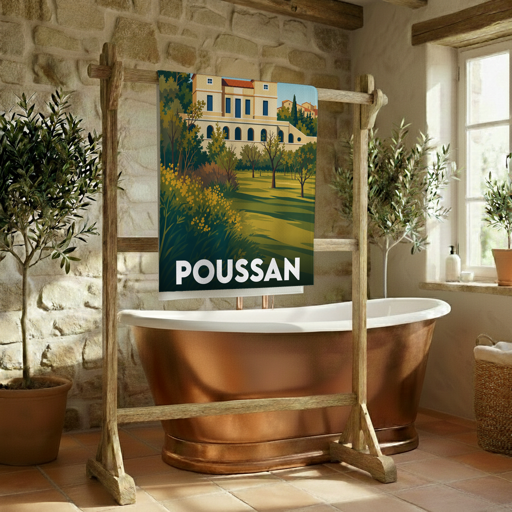 Serviette de bain souvenir de la ville de Poussan avec une illustration stylisée d'une bastide provençale.