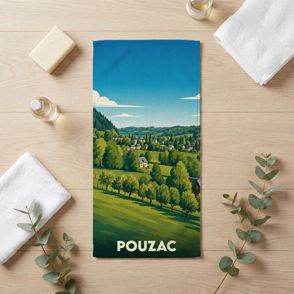 Serviette de bain souvenir de la ville de Pouzac avec une illustration stylisée d'un paysage de campagne verdoyant.