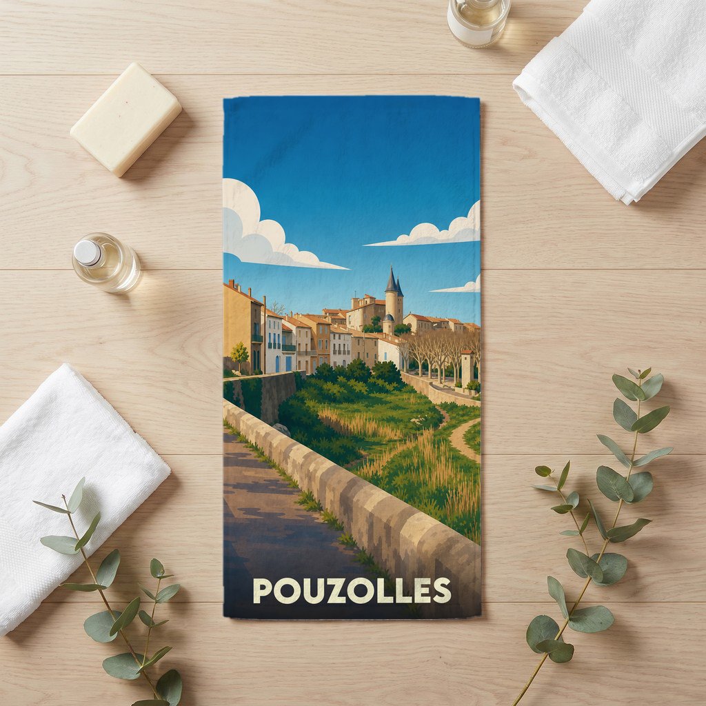 Serviette de bain souvenir de la ville de Pouzolles ornée d'une illustration stylisée du village.