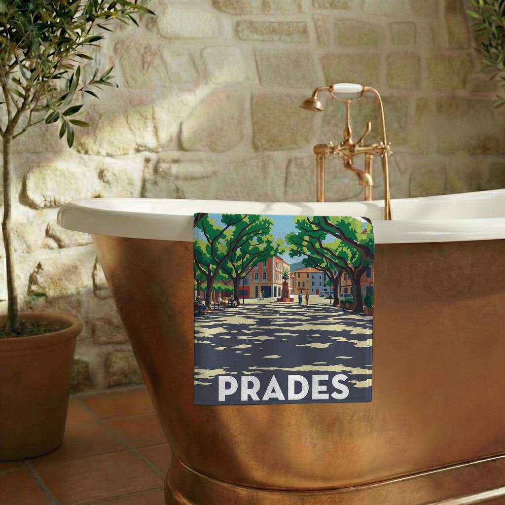 Serviette de bain souvenir de la ville de Prades avec une illustration stylisée.