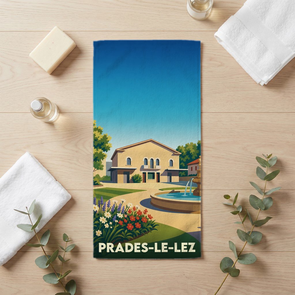 Serviette de bain souvenir de la ville de Prades-le-Lez avec une illustration stylisée d'un bâtiment et d'une fontaine.