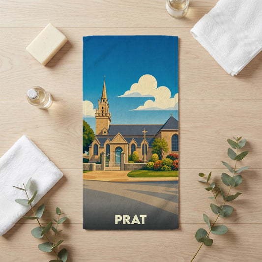 Serviette de bain souvenir de la ville de Prat avec une illustration stylisée d'une église.