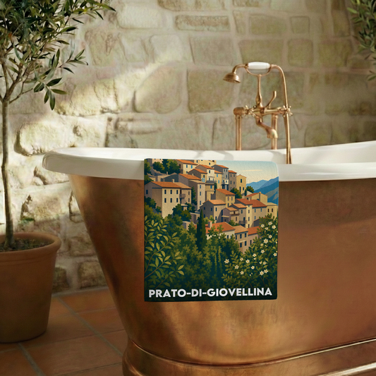 Serviette de bain souvenir de la ville de Prato-di-Giovellina avec une illustration stylisée.