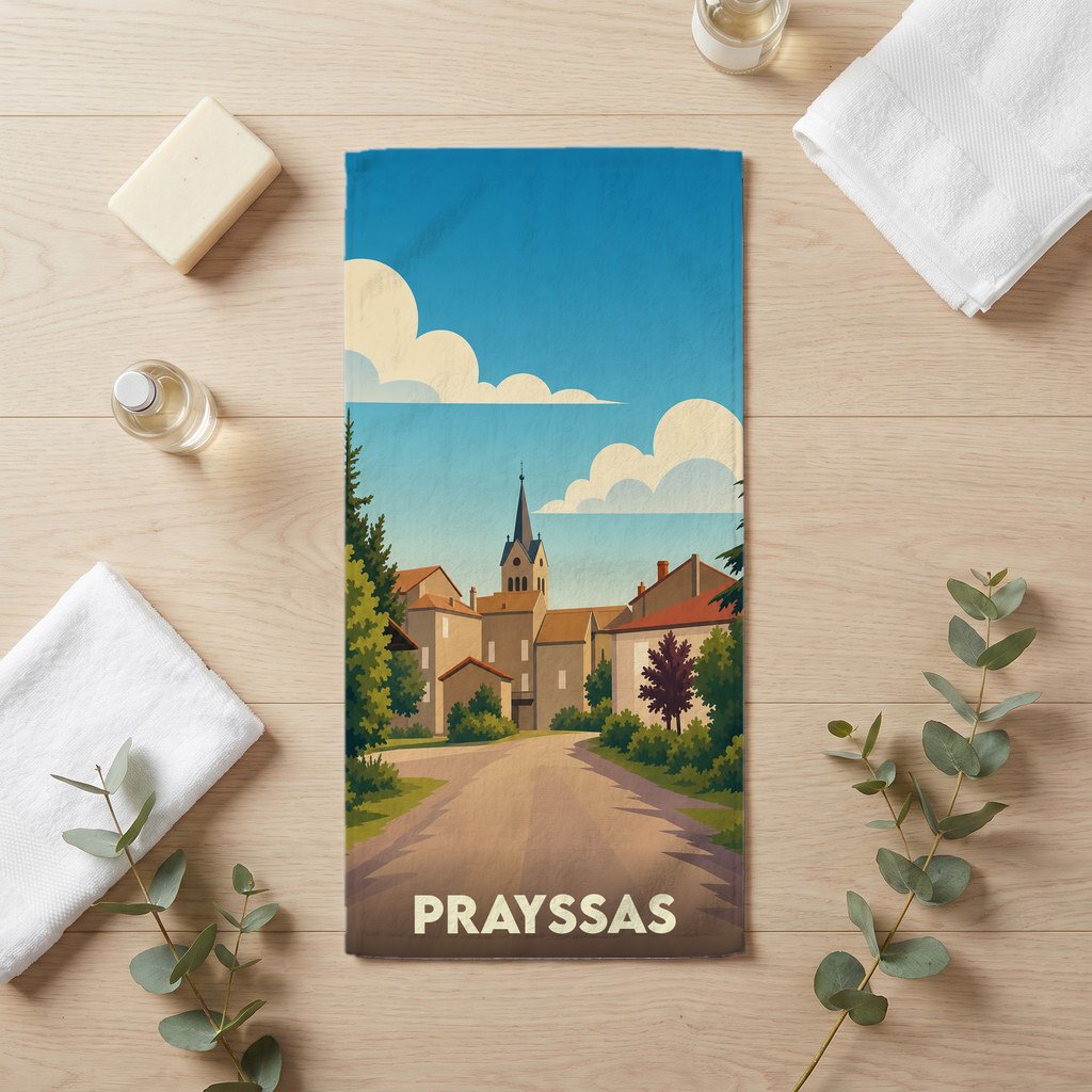 Serviette de bain souvenir de la ville de Prayssas avec une illustration stylisée.