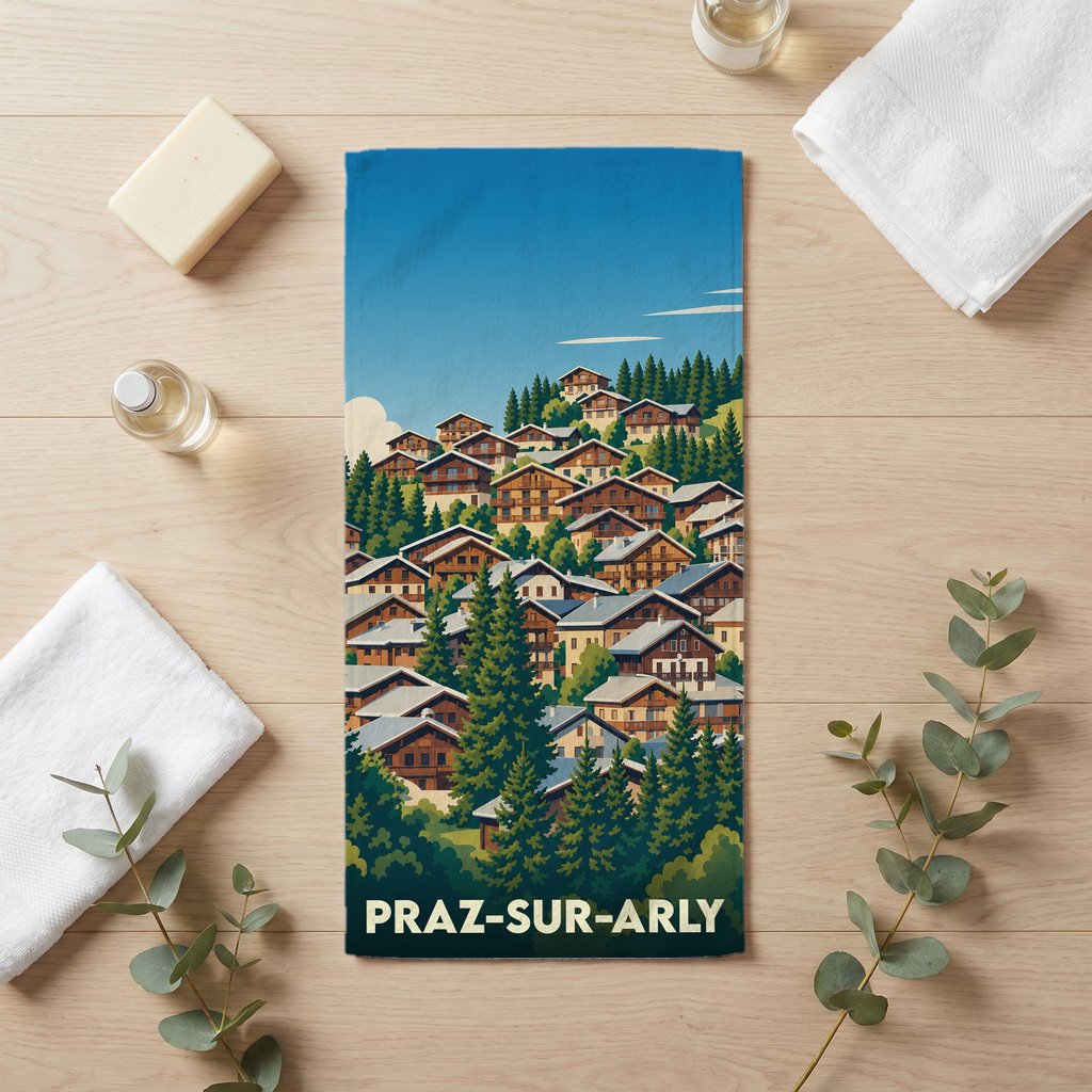 Serviette de bain souvenir de Praz-sur-Arly ornée d'une illustration de village de montagne niché dans les sapins.